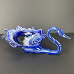 Sooner Glass Swan Blue Swirl Art Glass Centerpiece Bowl Basket USA Vintage 13”